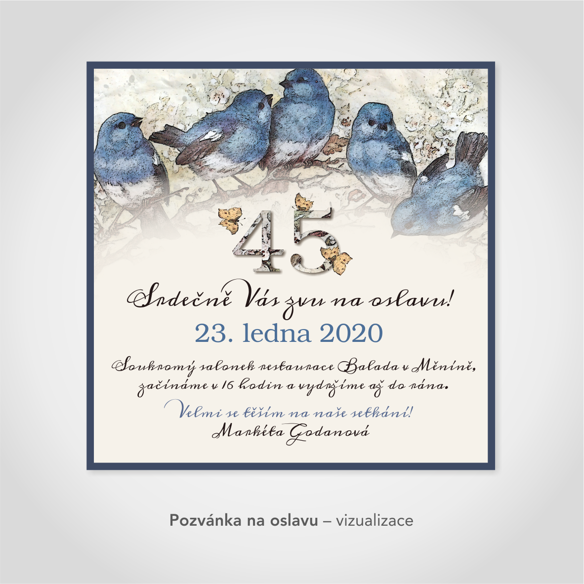 Pozvánka na oslavu – s modrými ptáčky, barva modrá + krémová.