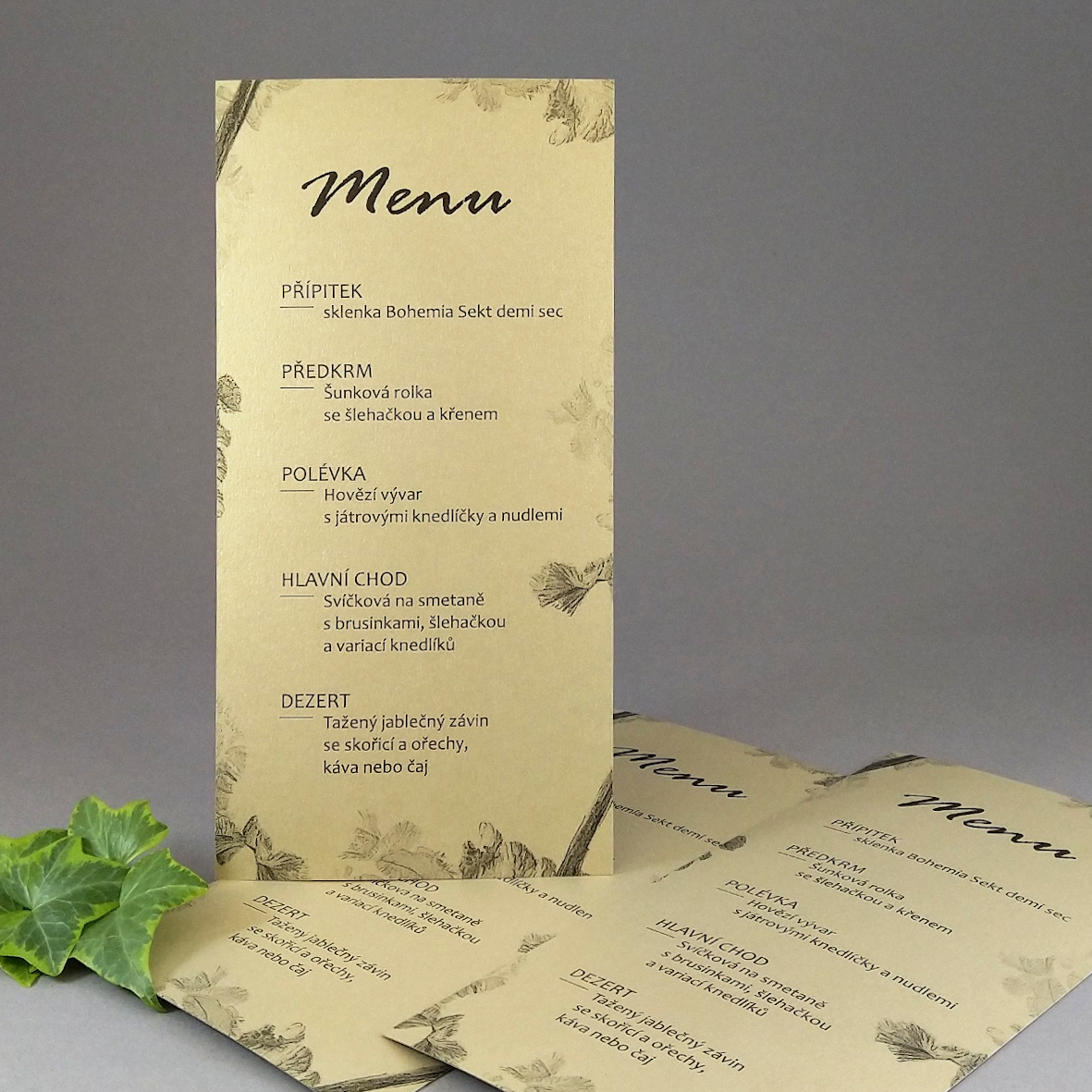 Menu – jednoduchá DL karta s motivem kosatců, zlatý perleťový papír.