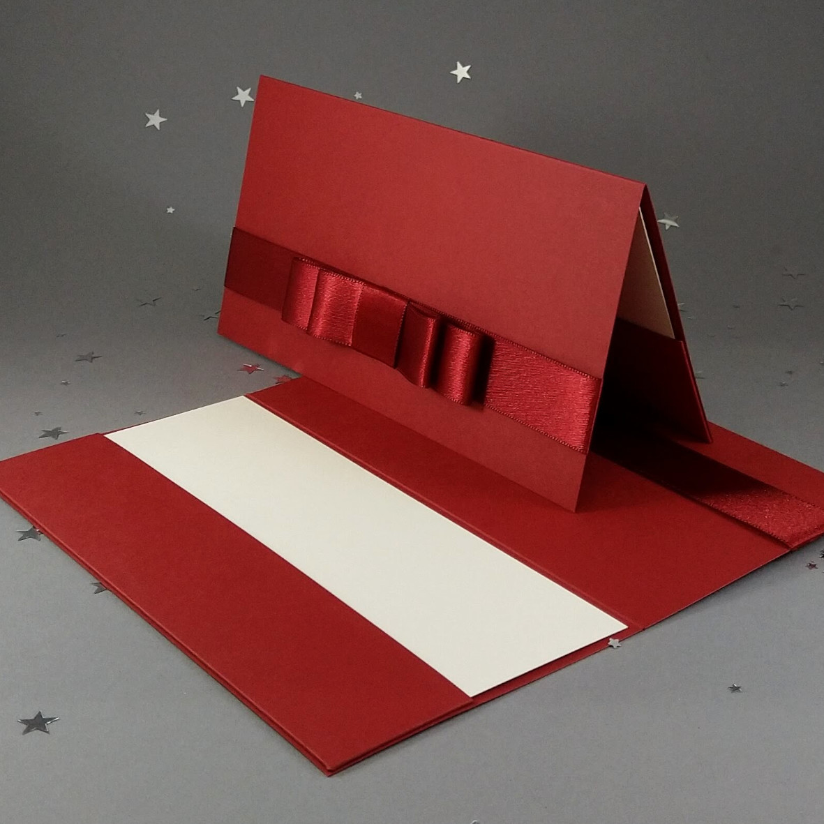 Dárková kapsa DL formátu z matného, mírně strukturovaného, vínově červeného papíru, s aplikací z široké atlasové stuhy, celkový rozměr 206 × 106 mm.