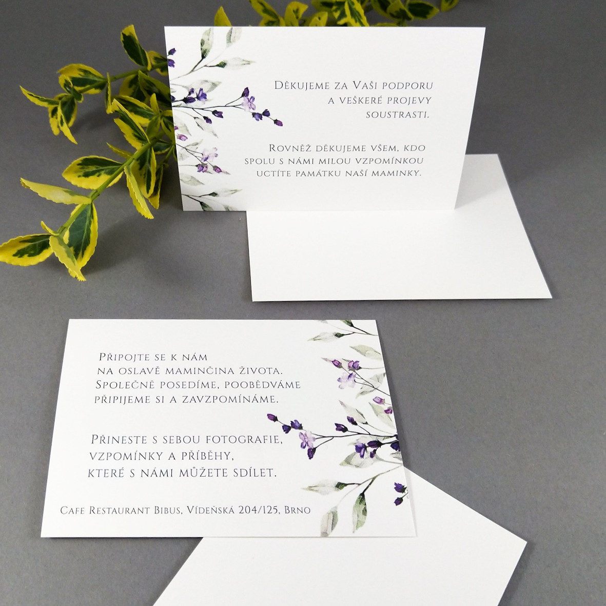 Pozvánka, informační karta – s motivem větvičky a drobných fialových květů, formát 100 × 70 mm, jednostranná