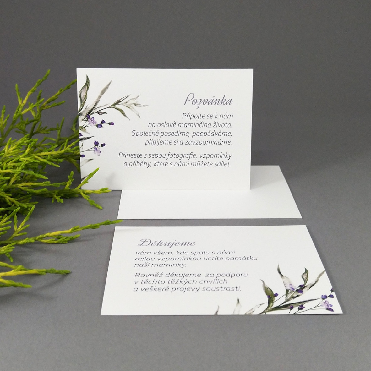 Pozvánka, informační karta – s motivem ratolesti a drobných fialových květů, formát 100 × 70 mm, jednostranná