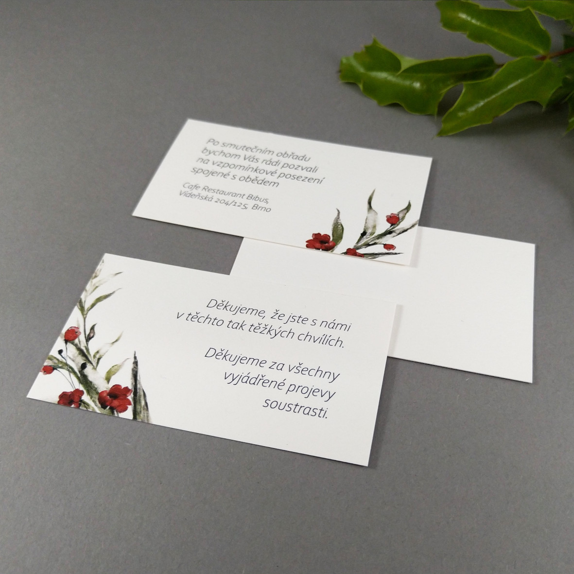 Pozvánka, informační karta – s motivem ratolesti a drobných červených květů, formát 85 × 55 mm, jednostranná