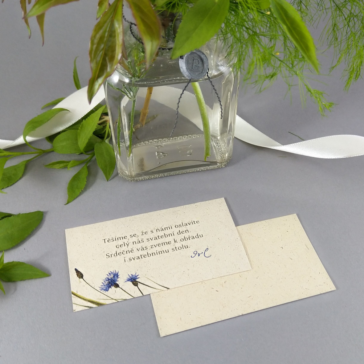 Pozvánka, informační karta –  z papíru s příměsí suché trávy s lučním motivem, formát 90 × 50 mm, jednostranná