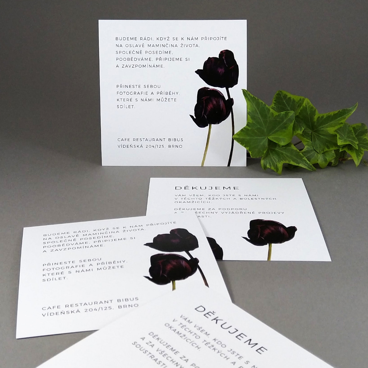 Pozvánka, informační karta – s motivem tmavých tulipánů, formát 100 × 100 mm, oboustranná