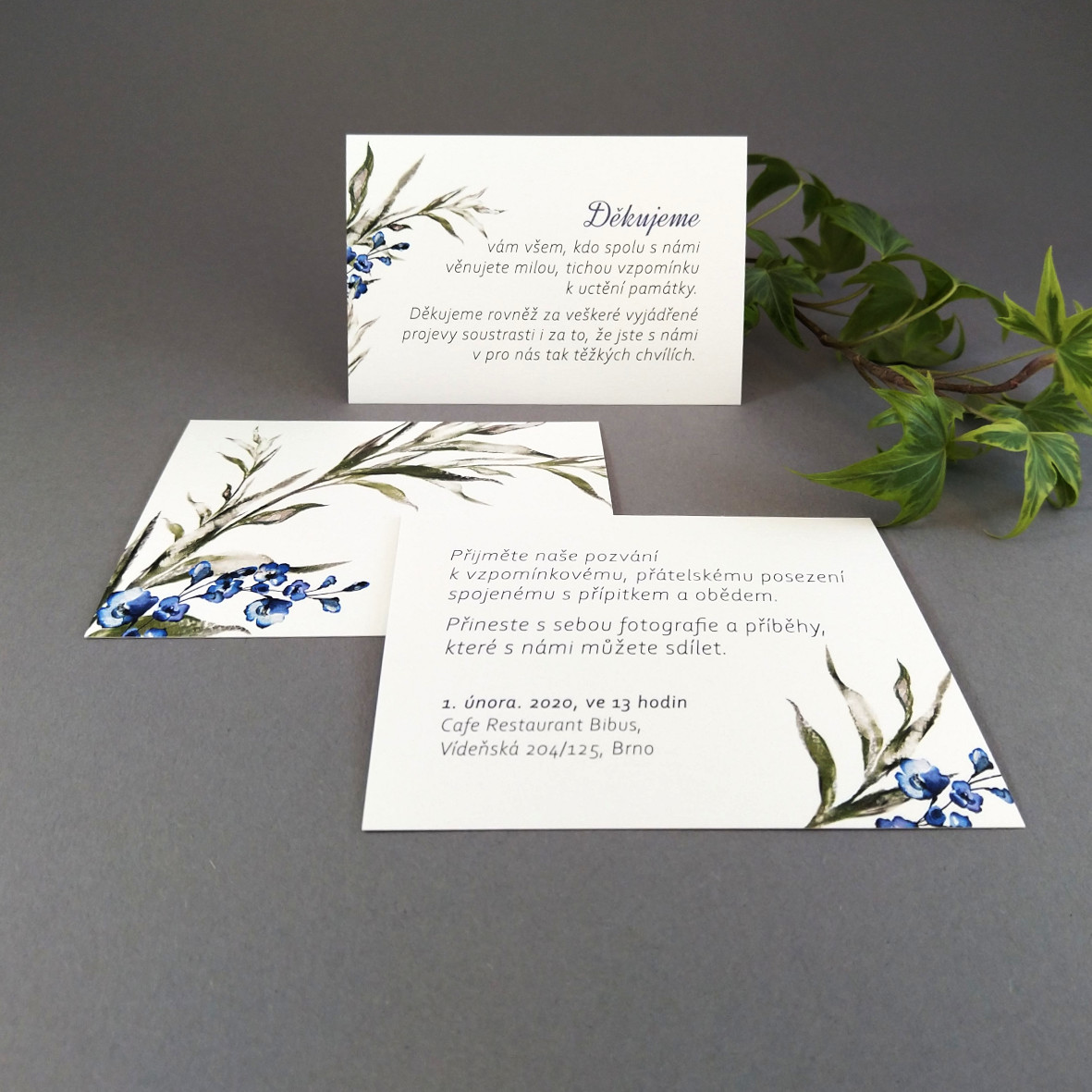 Pozvánka, informační karta – s motivem ratolesti a drobných modrých květů, formát 100 × 70 mm, oboustranná