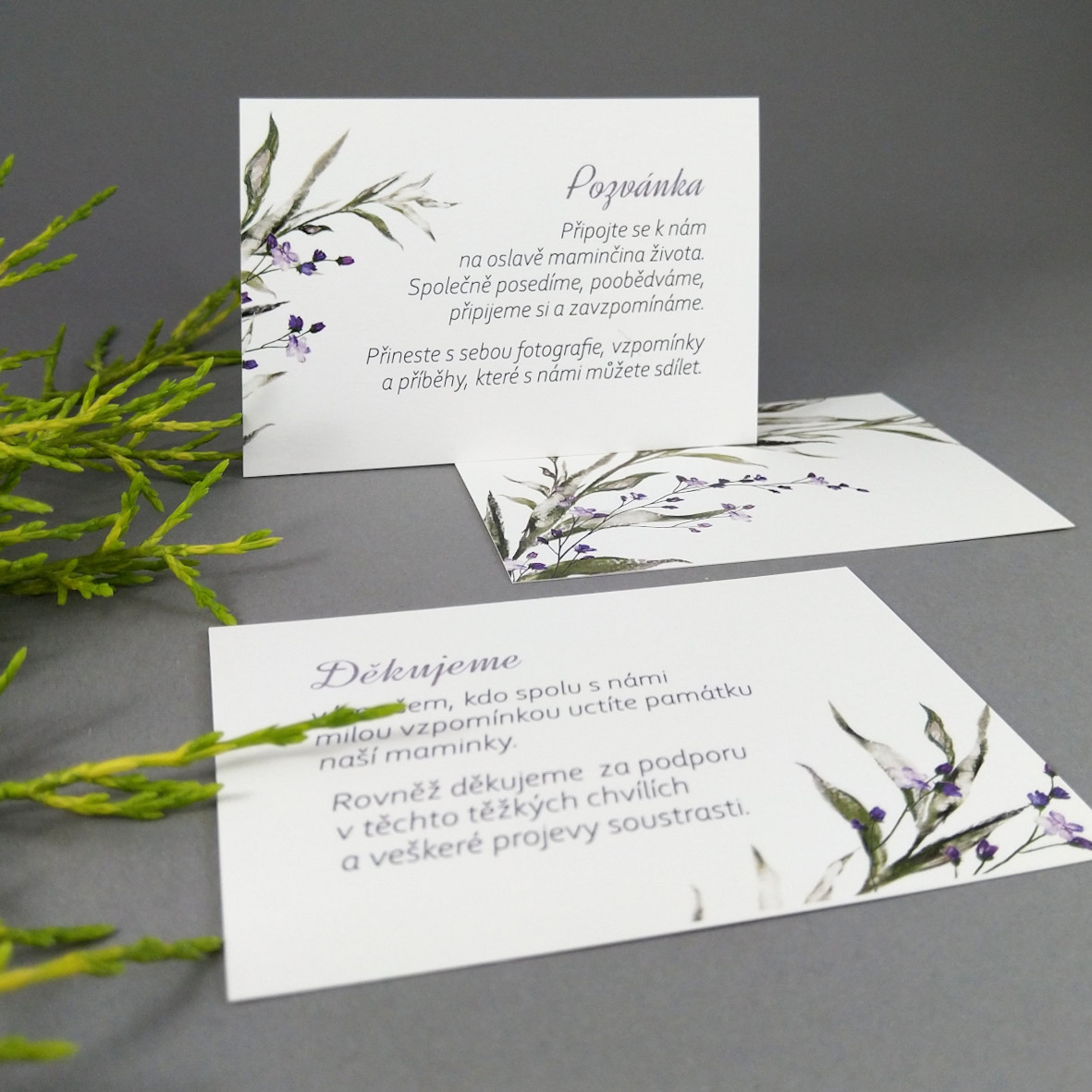 Pozvánka, informační karta – s motivem ratolesti a drobných fialových květů, formát 100 × 70 mm, oboustranná