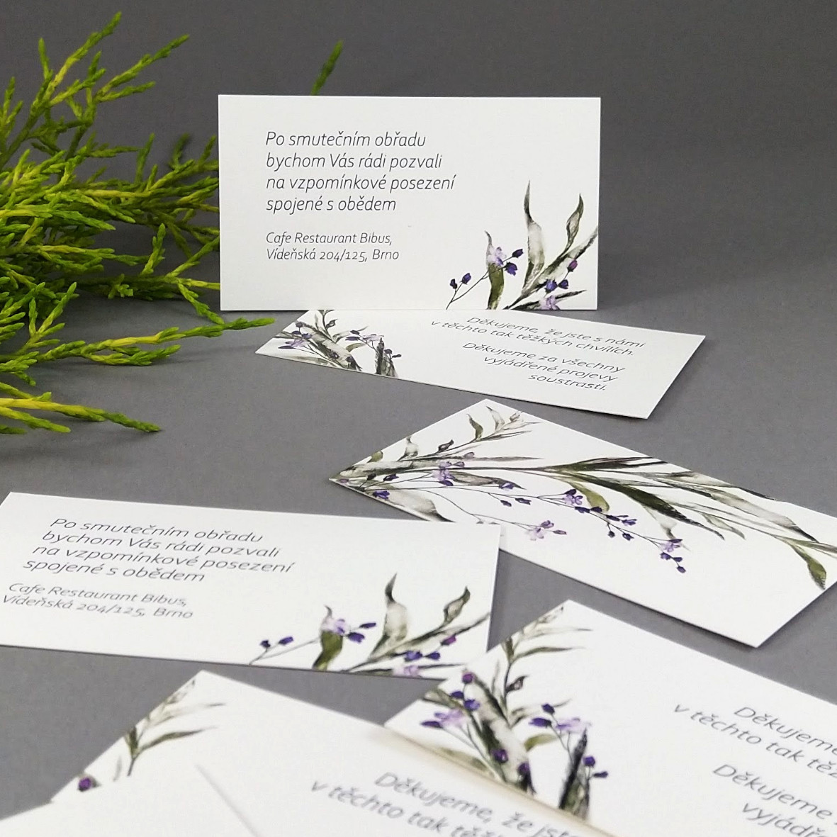 Pozvánka, informační karta – s motivem ratolesti a drobných fialových květů, formát 85 × 55 mm, oboustranná