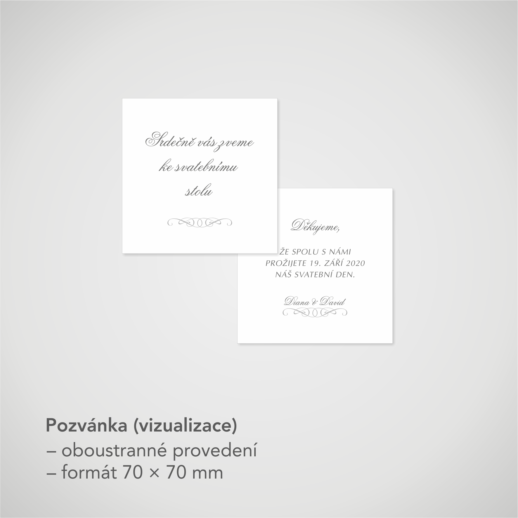 Pozvánka, informační karta – bílá perleť, čtvercová 70 × 70 mm, oboustranná