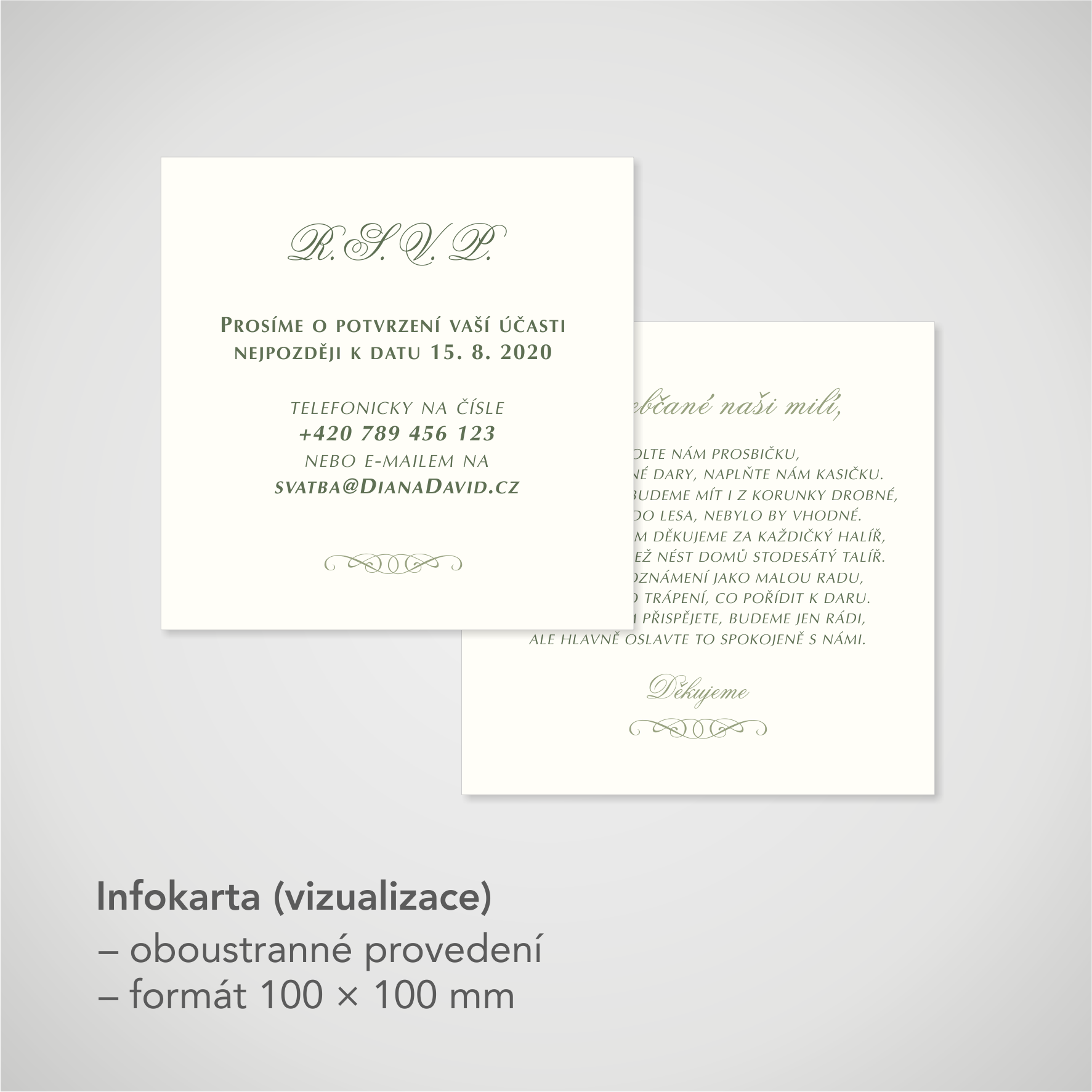 Pozvánka, informační karta – krémová, čtvercová 100 × 100 mm, oboustranná