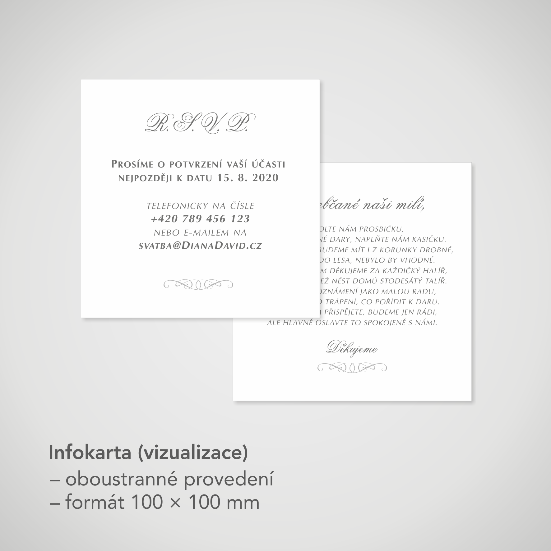 Pozvánka, informační karta – bílá perleť, čtvercová 85 × 85 mm, oboustranná
