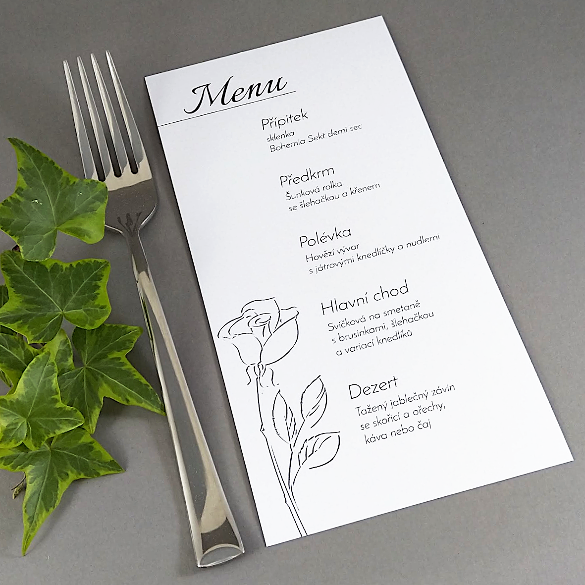 Menu –  DL karta s motivem jednoduché kresby růže.