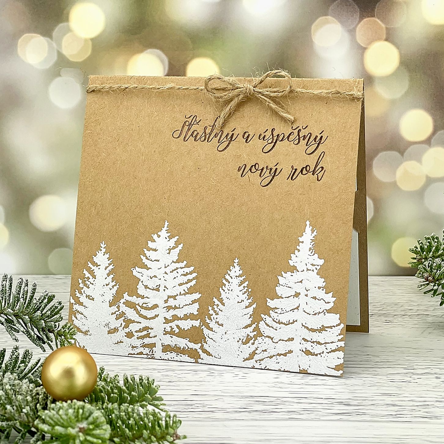 Novoroční–vánoční přání s motivem zasněženého lesa, otevírací, čtvercový formát 135 × 135 mm.