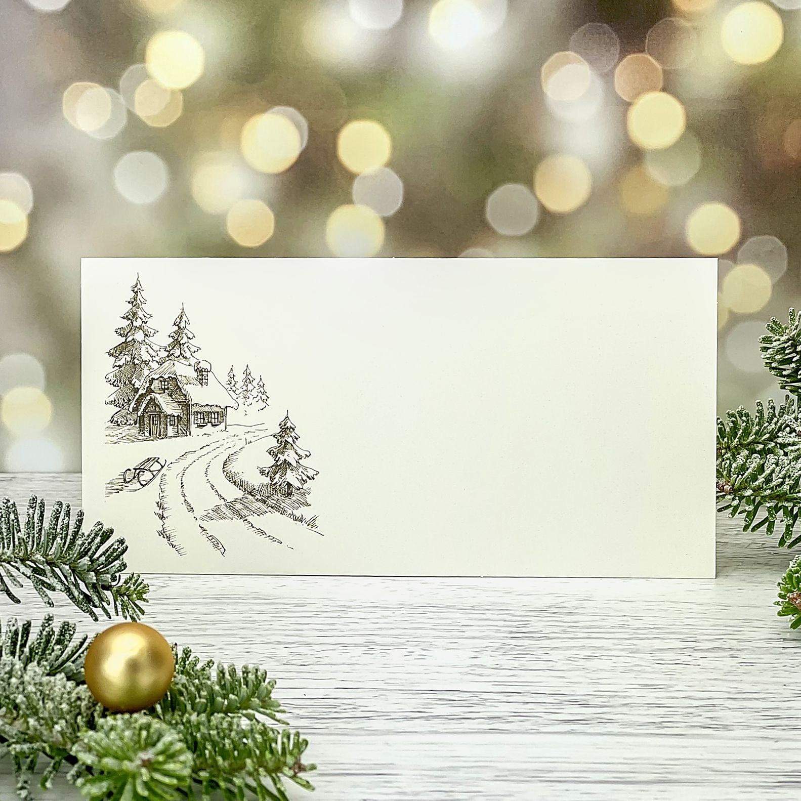Novoroční–vánoční přání s motivem zasněžené horské chaty a sání, jednoduchá karta, DL formát 200 × 100 mm.