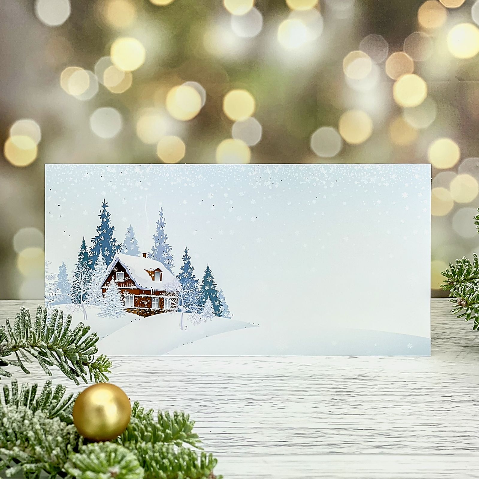 Novoroční–vánoční přání s motivem zasněžené chaloupky na kraji lesa, bílý hladký papír, jednoduchá karta, formát 200 × 100 mm.