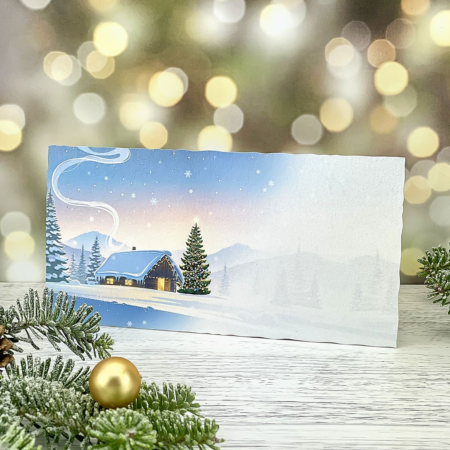 Novoroční–vánoční přání s motivem útulné zasněžené chaloupky na kopci s ozdobeným vánočním stromem, bílý perleťový papír, jednoduchá karta, DL formát 200 × 100 mm.