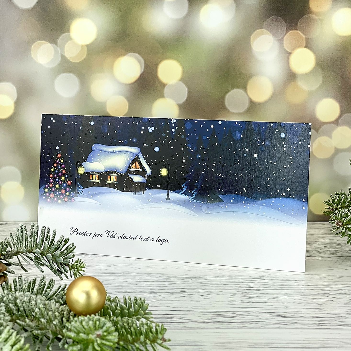 Novoroční–vánoční přání s motivem útulné zasněžené chaloupky u lesa s rozsvíceným vánočním stromem, bílý perleťový papír, jednoduchá karta, DL formát 200 × 100 mm.