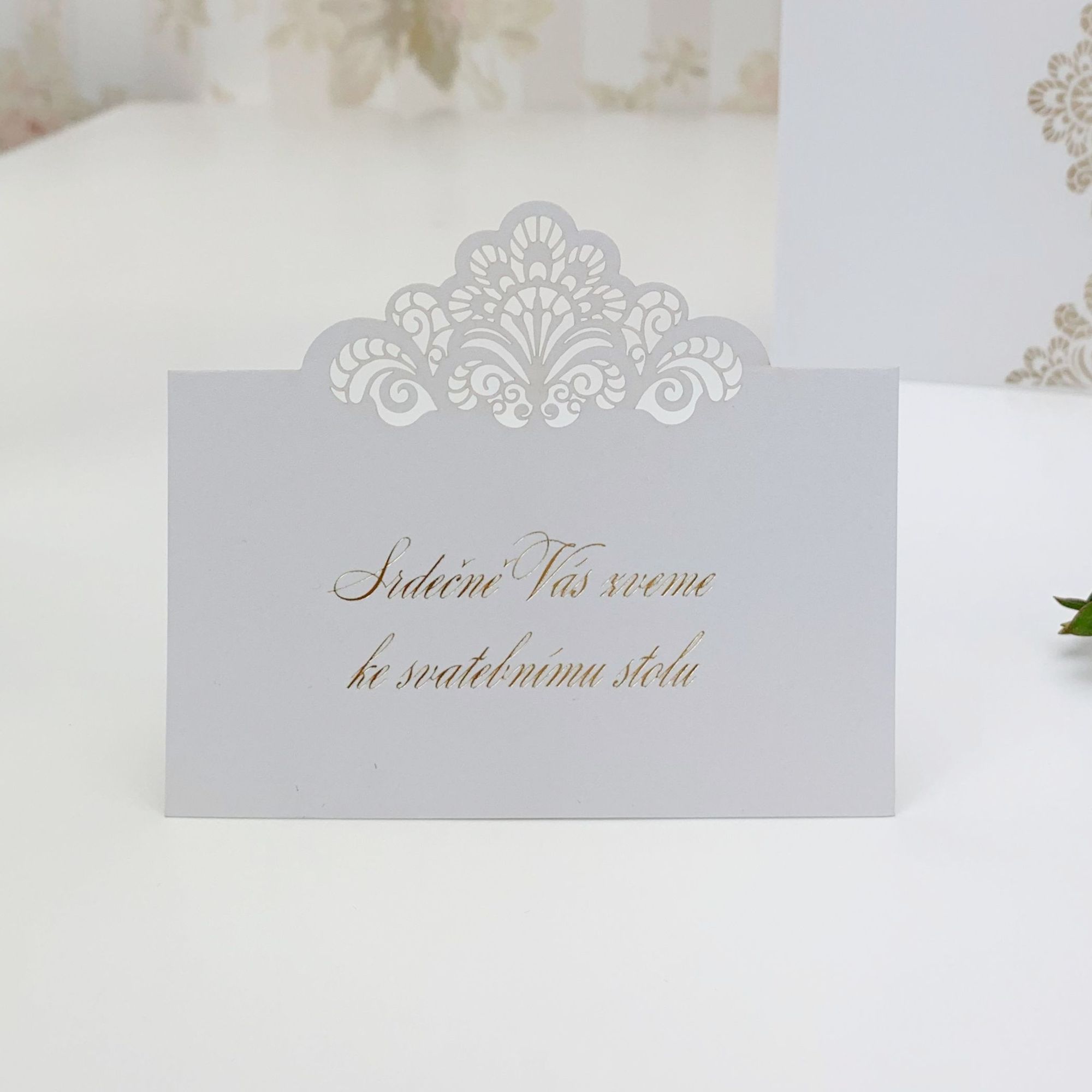 Pozvánka, informační karta – z bílého perleťového papíru s krajkovým motivem, 105 × 65 mm, jednostranná.