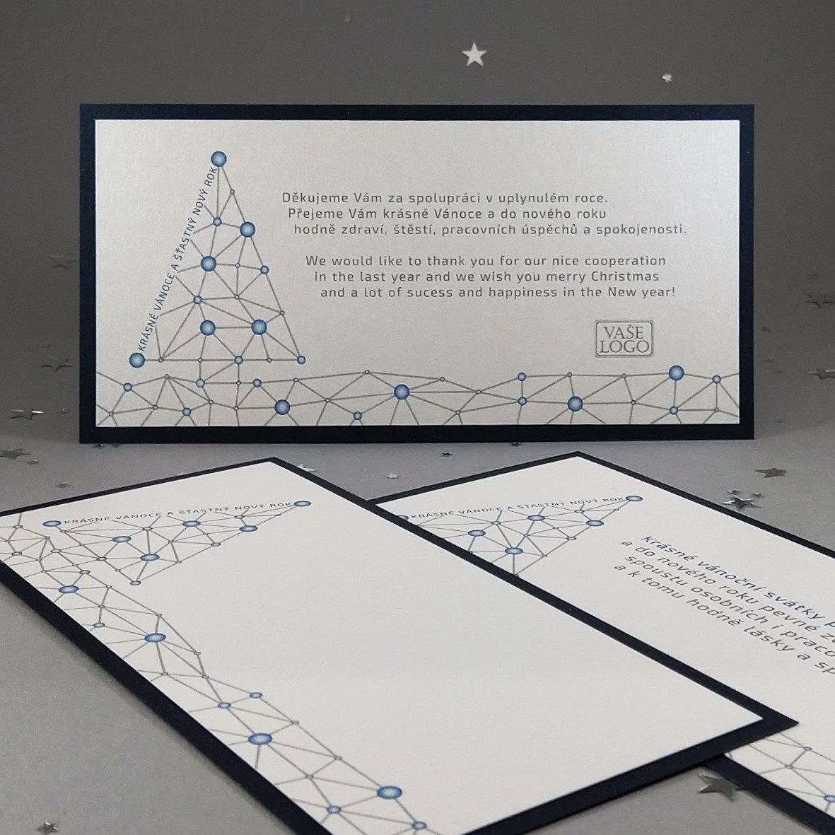 Novoroční – vánoční přání, dvouvrstvá karta s motivem informační sítě ve tvaru vánočního stromku, DL formát.