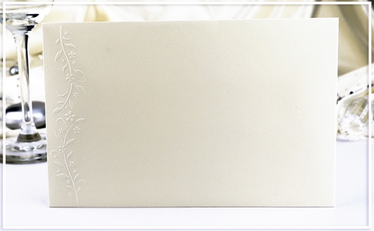 Obálka – z krémového grafického papíru, dozdobena plastickým květinovým motivem, formát: 162 × 105 mm