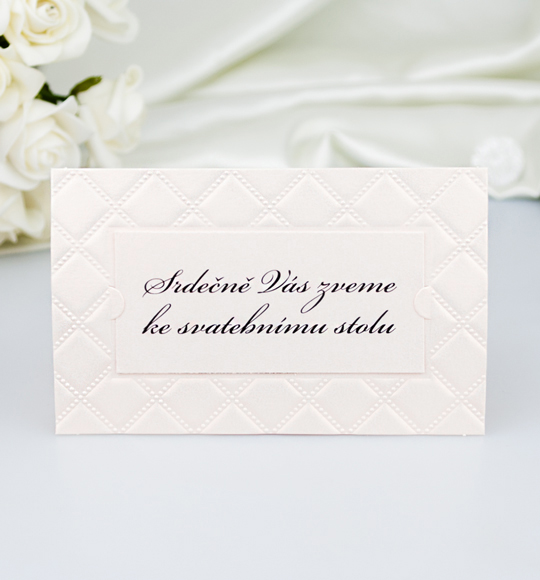 Pozvánka, informační karta – v barvě champagne, ozvláštněná protlačeným vzorem. V zámečcích je upevněna kartička s textem pozvánky, 105 × 65 mm, jednostranná.