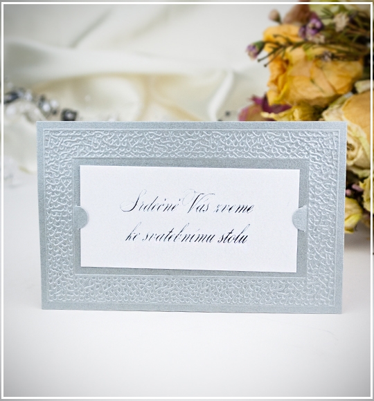 Pozvánka, informační karta – šedá se slepotiskovým motivem, 105 × 65 mm, jednostranná.